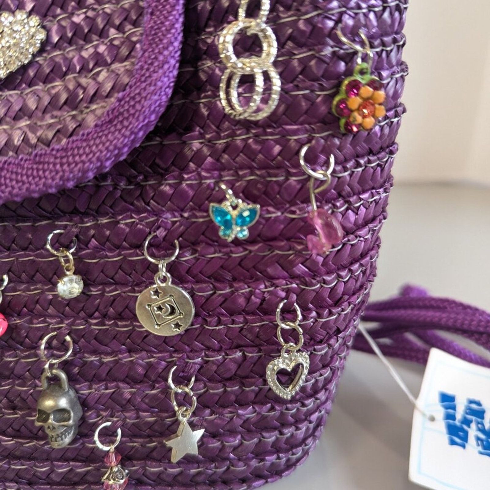 Vintage Vintage Purple Straw Crossbody Bag Upcycled Jewelry Charms Size ONE SIZE - 5 Thumbnail