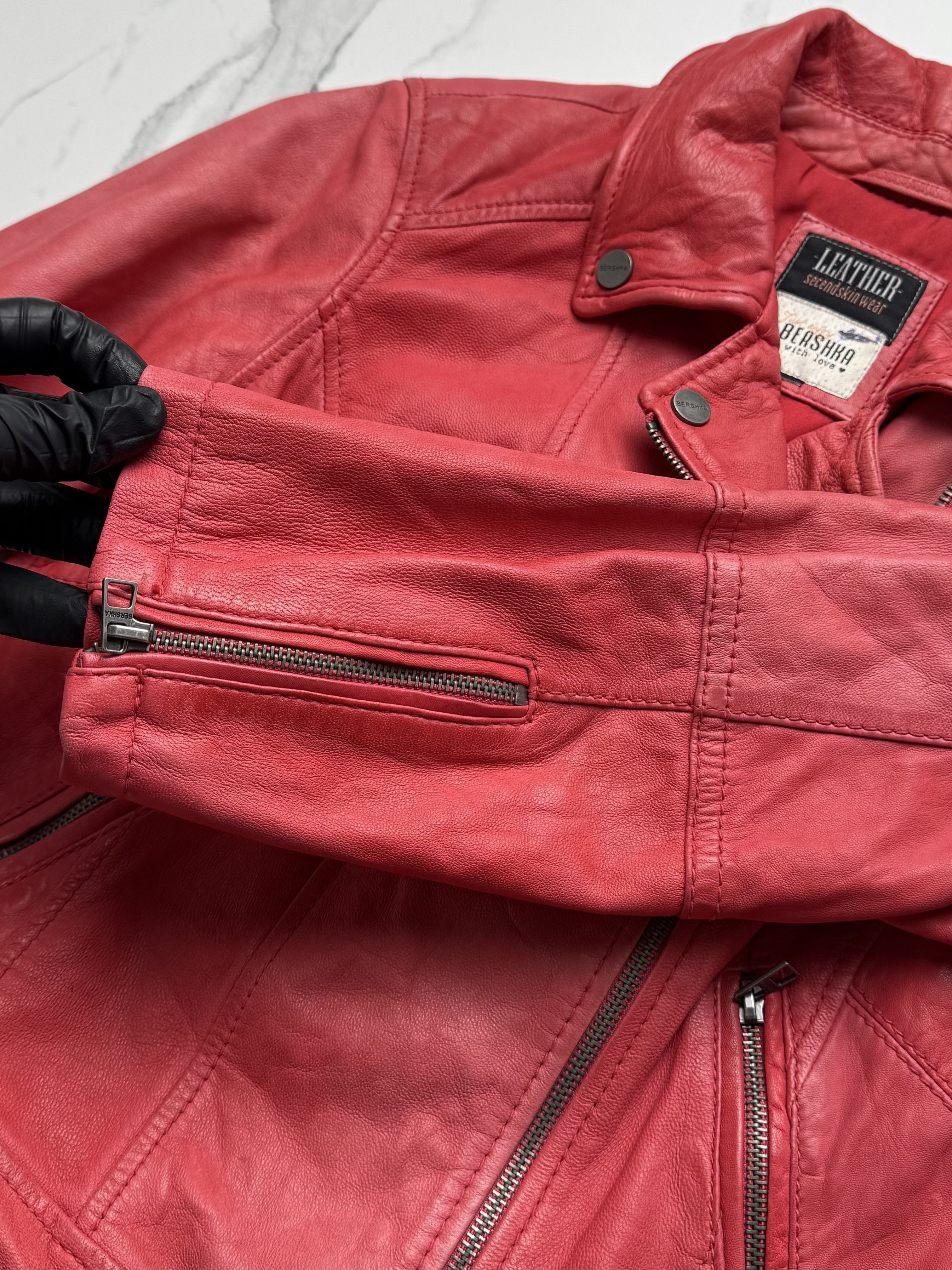 Leather Y2K Red Leather Biker Jacket Cropped Moto Zip Up Slim Fit Size XS / US 0-2 / IT 36-38 - 8 Thumbnail