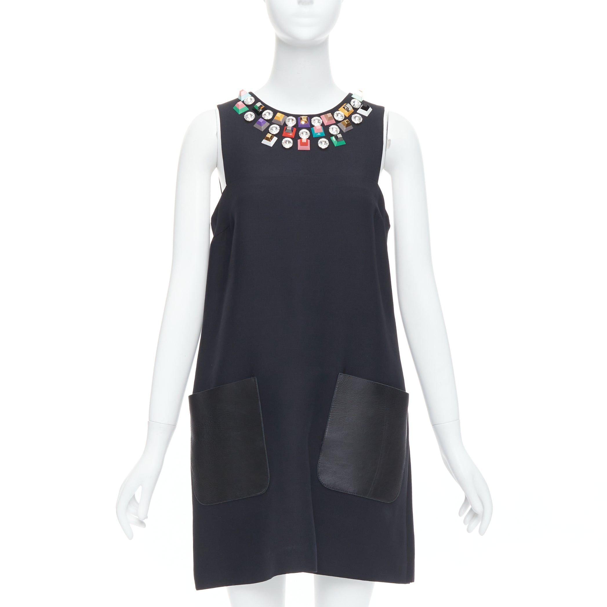 Fendi FENDI black multicolour studded rhinestone neckline leather patch pocket dress IT42 M Size M / US 6-8 / IT 42-44 - 1 Thumbnail