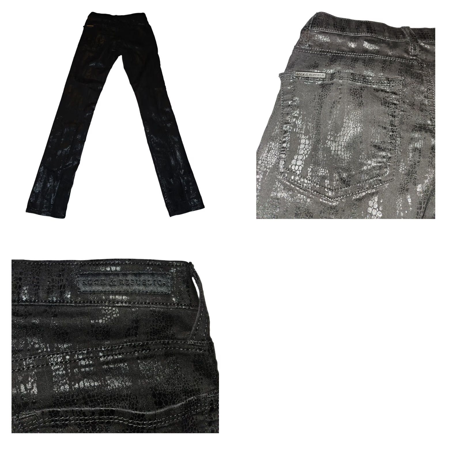 Vintage Rock & Republic Berlin Skinny Pants Women's 6M Black Alagator Print Stretch Jeans Jeggings 30in Inseam Space Black Logo Gothic Hipster 90s Womens Size 28" / US 6 / IT 42 - 8 Thumbnail
