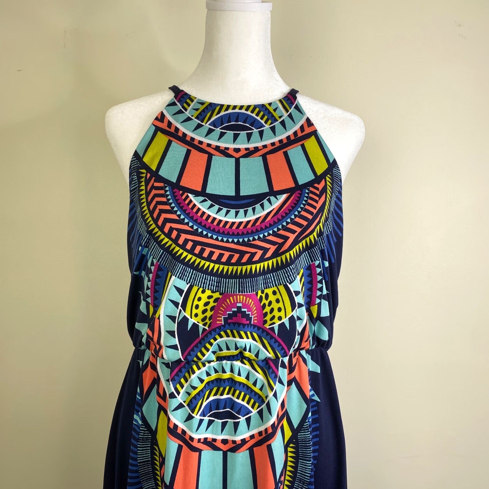 Vintage Bailey Blue Maxi Dress Womens Large Blue Geometric Tribal African Stretch Party/Cocktail Casual Travel Size L / US 10 / IT 46 - 2 Thumbnail