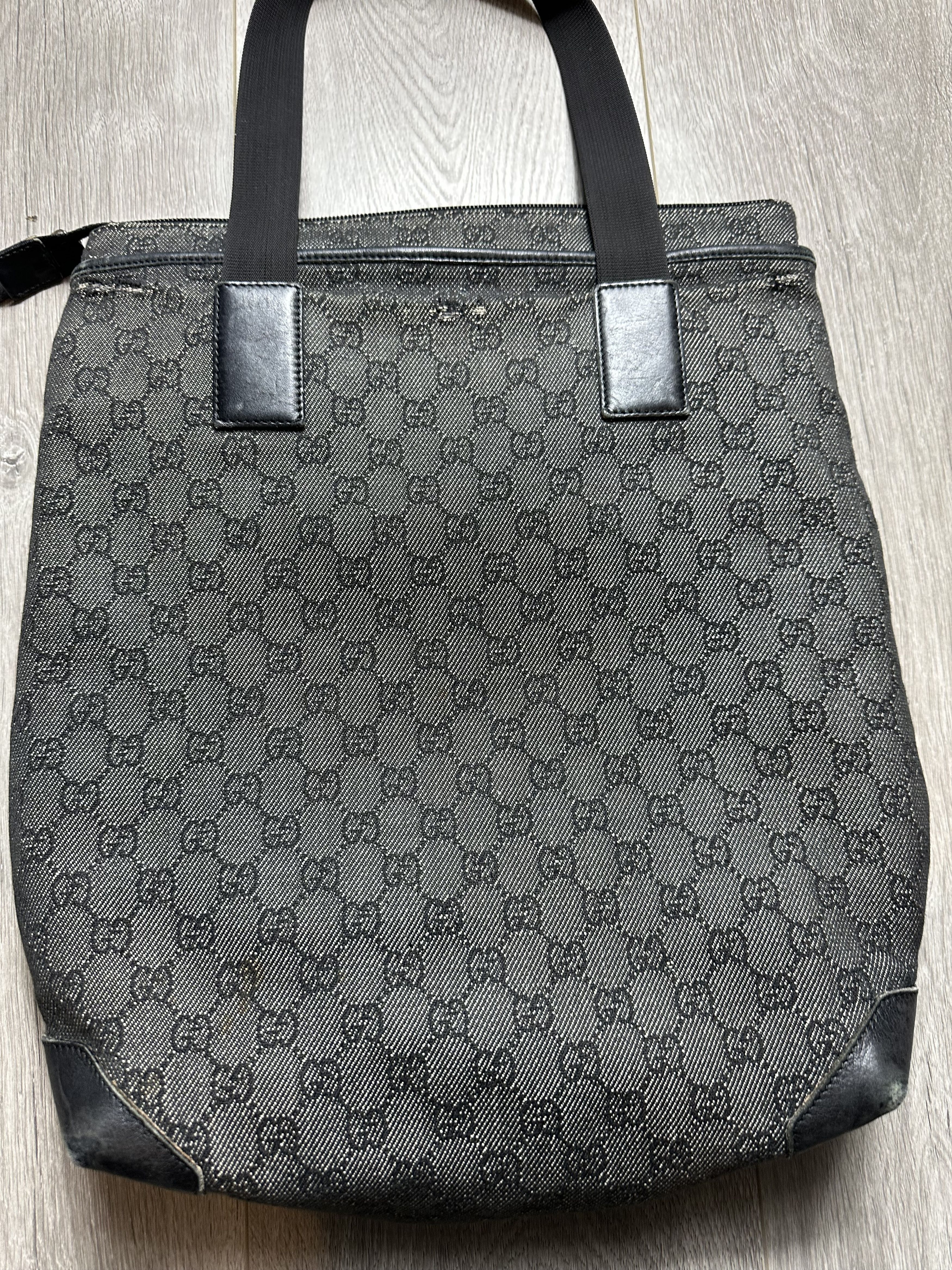 GUCCI GG Denim Canvas Tote Bag Black Leather Switch 28892