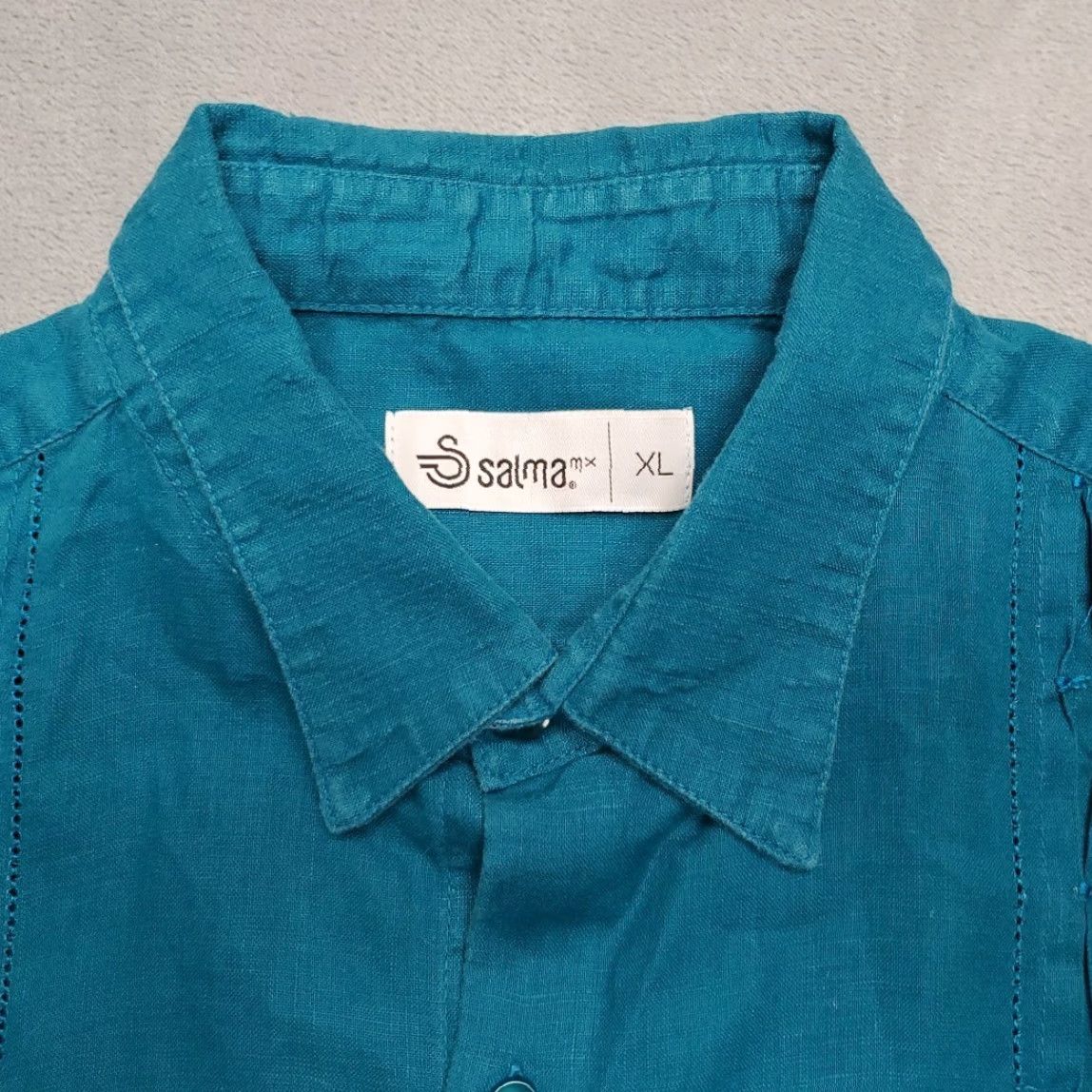 Cubavera VINTAGE Salma Shirt Mens XL Teal Blue Cubavera 100% Linen Retro Guayabera Shirt Mens XL Blue Casual Pockets 1960s Mens Size US XL / EU 56 / 4 - 2 Thumbnail