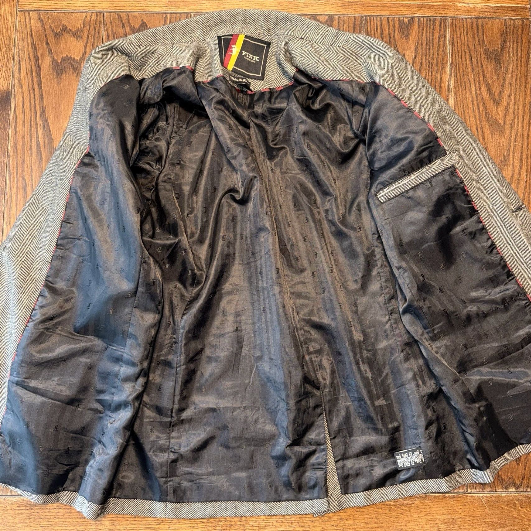 Vintage Fink Men’s Herringbone Jacket Chore Coat Blazer Wool Tweed Gray L Regular Button Pocketed Size 42R - 3 Thumbnail