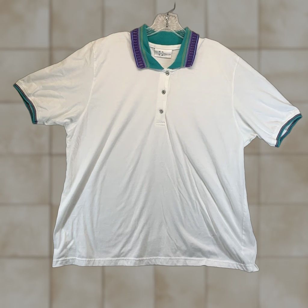 Vintage VINTAGE Marcia Polo Shirt WOMENS XL White Aztec Pattern 90s Casual Sporty Preppy Button Size XL / US 12-14 / IT 48-50 - 1 Thumbnail