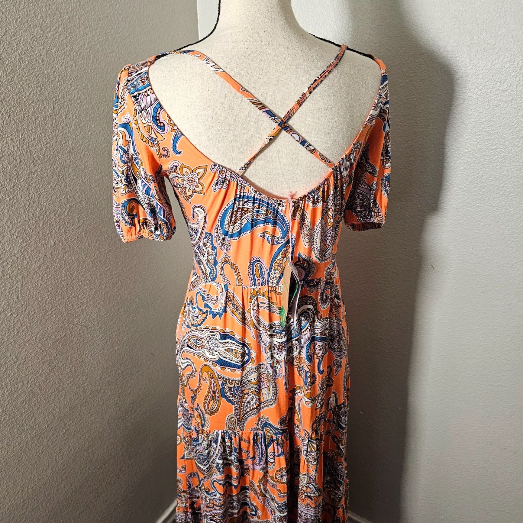 Boden Boden Maxi Dress Orange Paisley 6 R D0681 Cross Strap Back Short Sleeve Cap Sleeve Floral 100% Cotton Womens Size 28" / US 6 / IT 42 - 4 Thumbnail