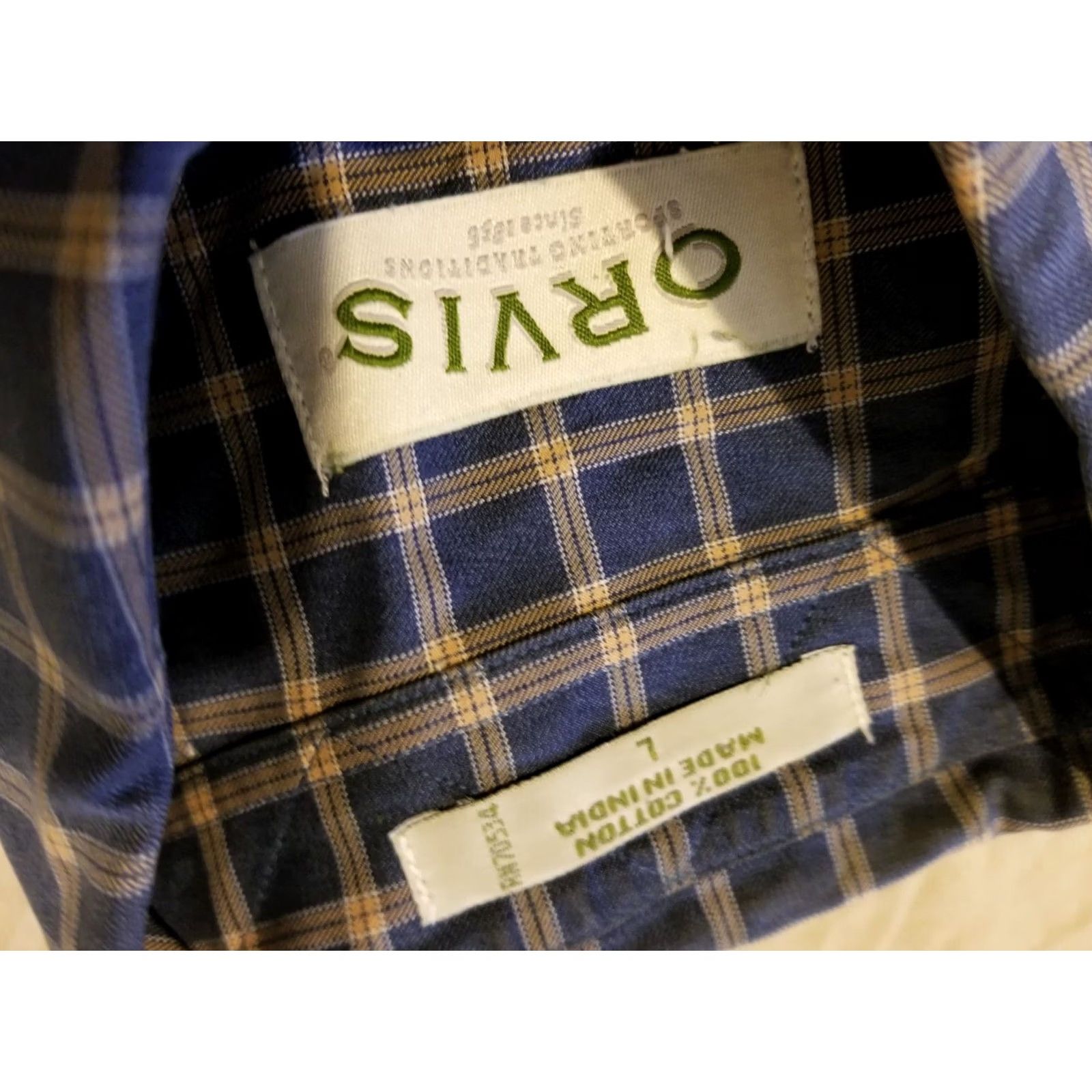 Orvis Orvis Mens Plaid Dress Shirt Large Navy Blue Button Cotton Size 42R - 3 Thumbnail