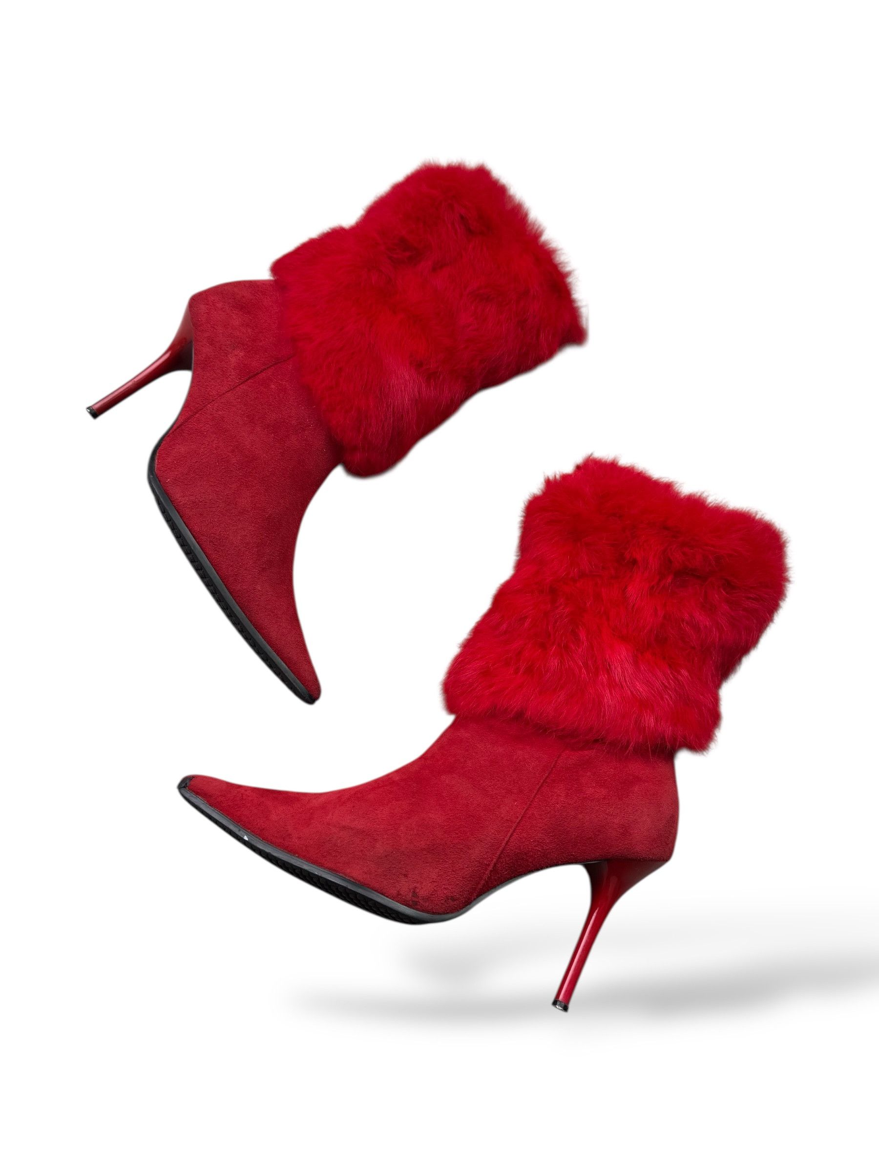 Vintage Heel Shoes Boots With Real Fur Details W274 in Red, Women's (Size 8)