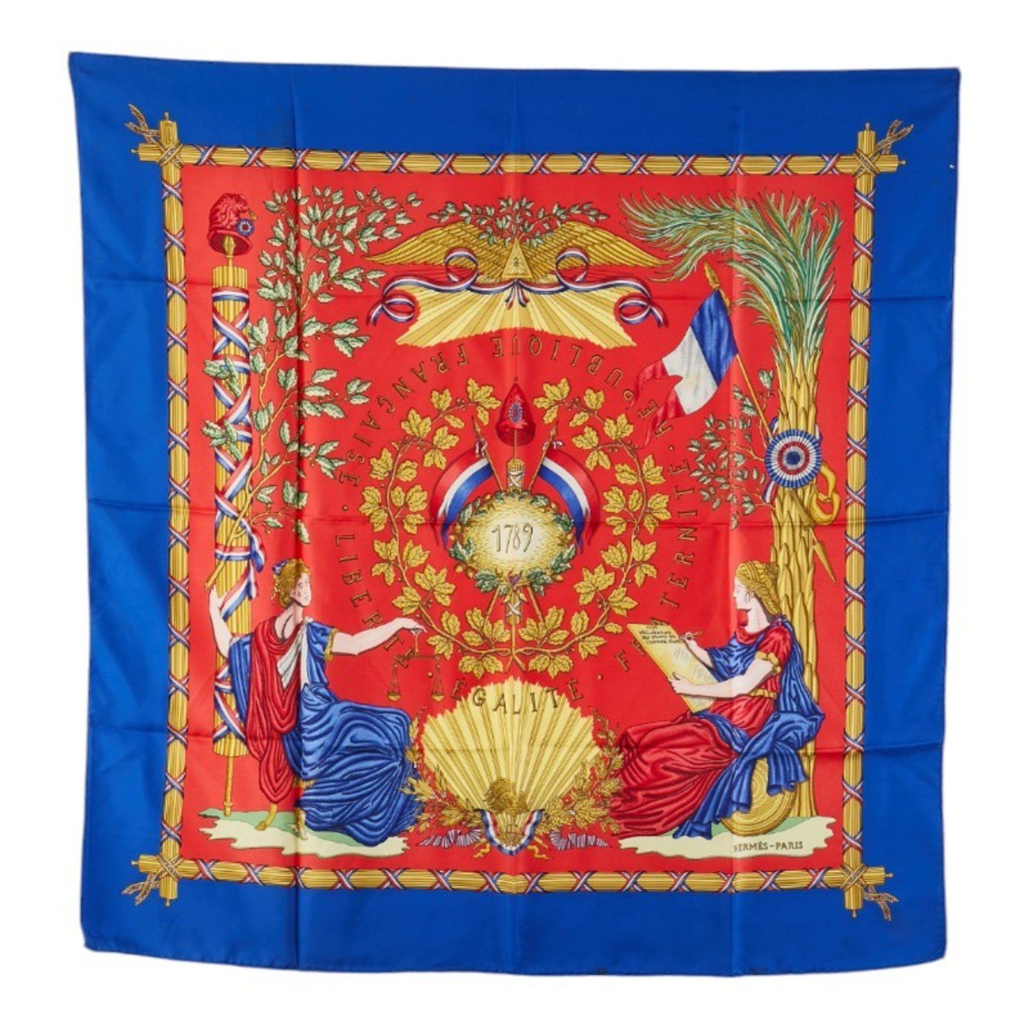Hermes Carré 90 1789 LIBERTE EGALITE FRATERNITE REPUBLIQUE FRANCAISE Scarf muffler in commemoration of the French Revolution blue multi-colored silk for women HERMES
