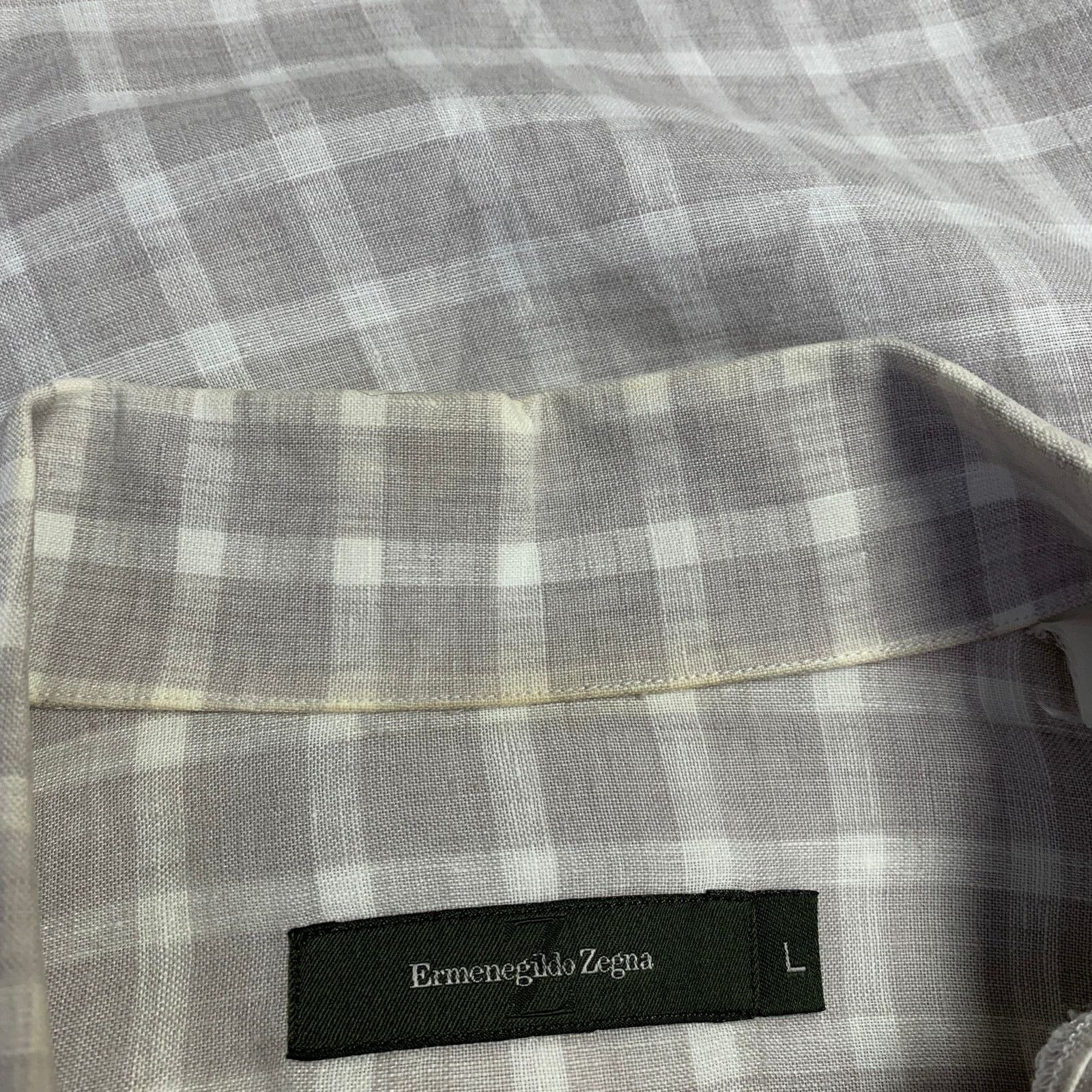 Ermenegildo Zegna Size L Grey White Plaid Linen One Pocket Short Sleeve Shirt Size US L / EU 52-54 / 3 - 6 Thumbnail