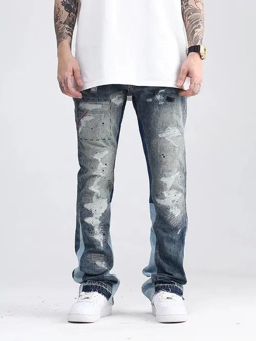 Blue Speckle ink Destroyed Flared Jean