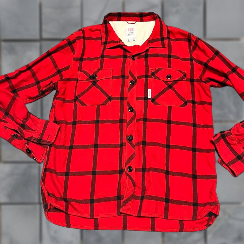 Topo Designs Topo Designs Mountain Flannel Shirt Mens Large Red Plaid Loop Collar Organic Size US L / EU 52-54 / 3 - 1 Thumbnail
