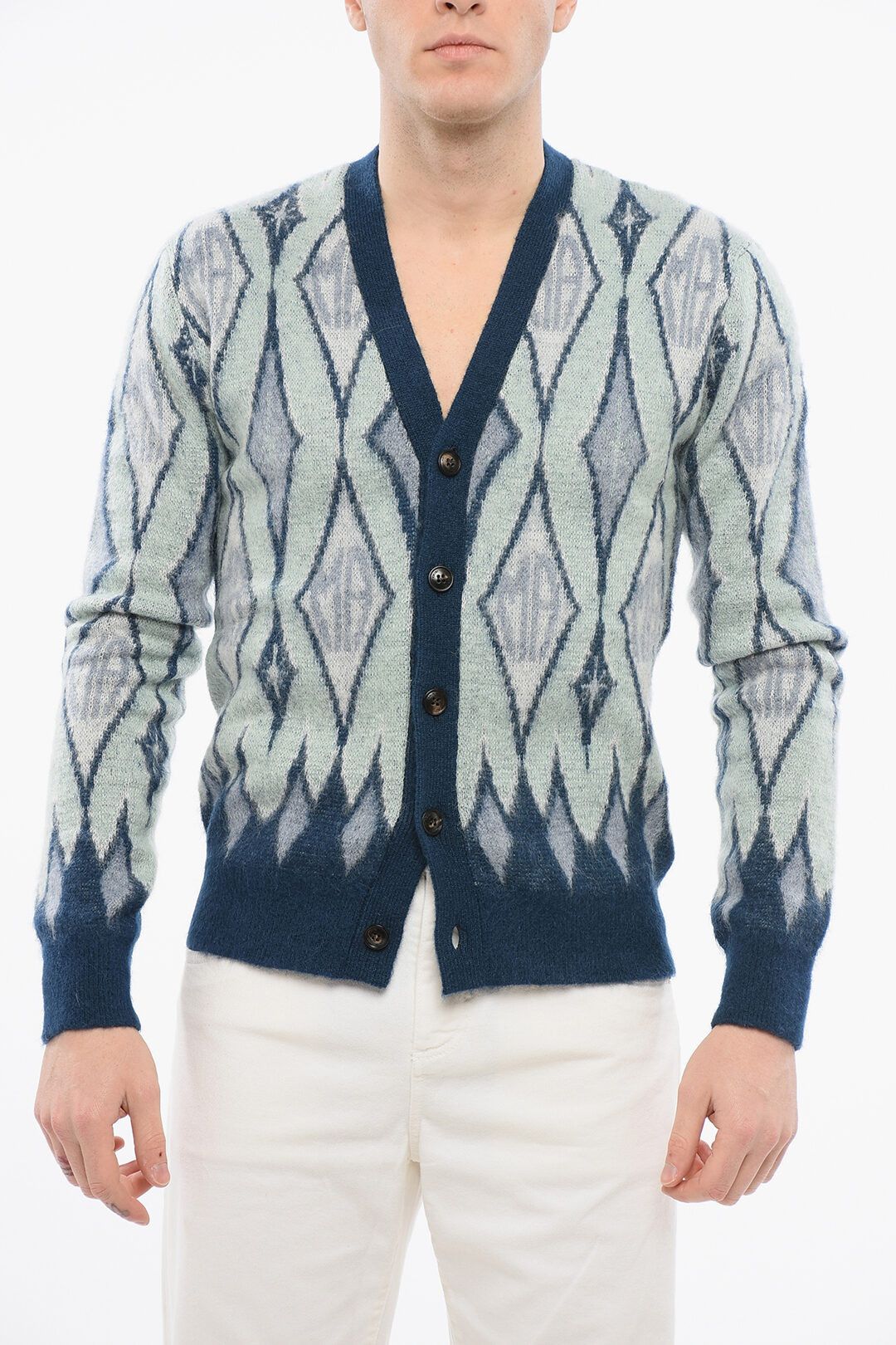Amiri og1mm0825 Diamond Patterned Mohair Blend Cardigan Light Blue Size US M / EU 48-50 / 2 - 1 Thumbnail