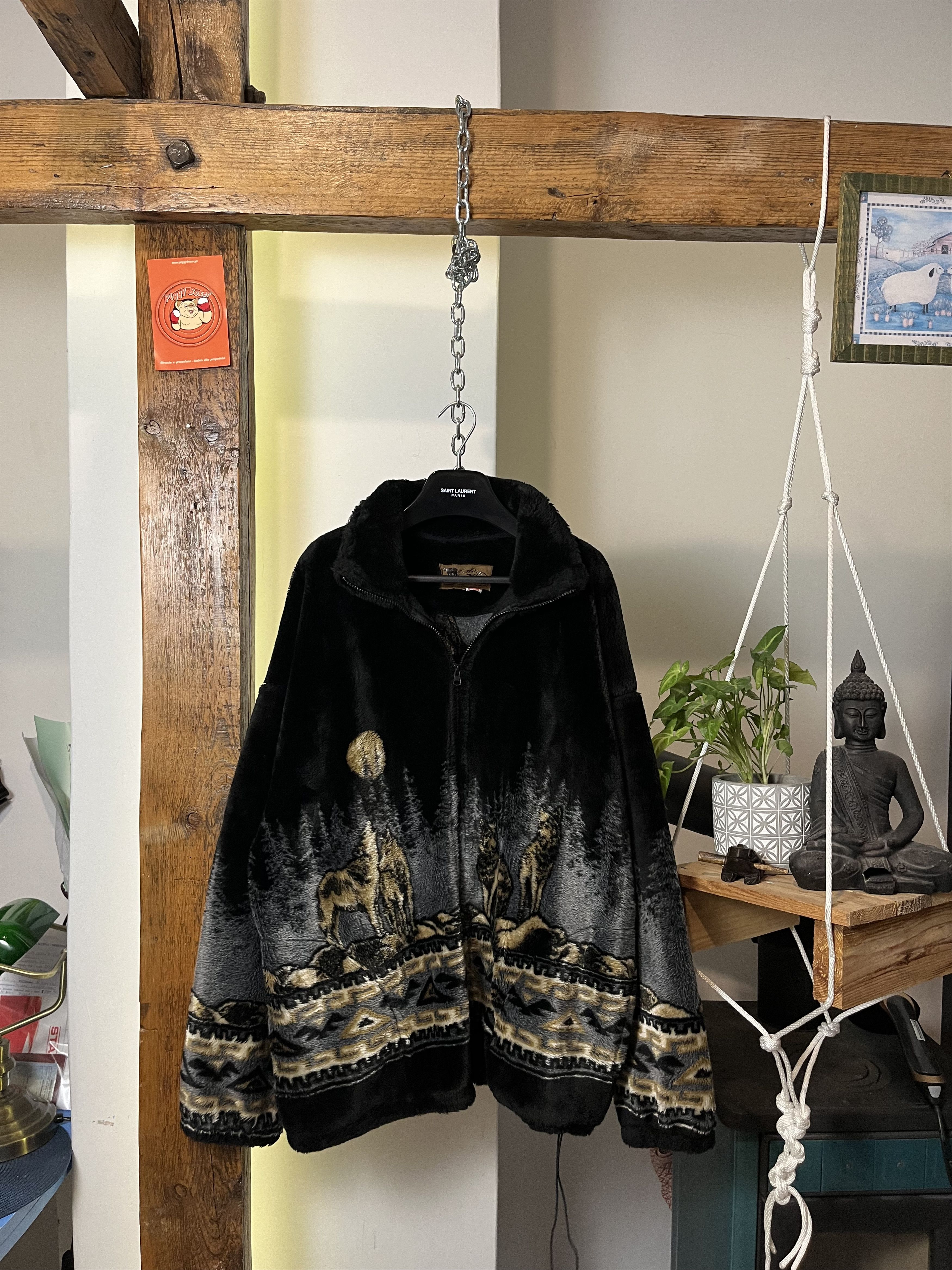 90's Bear Ridge Wolf Fullpritn Animal Fleece Zip Jacket USA