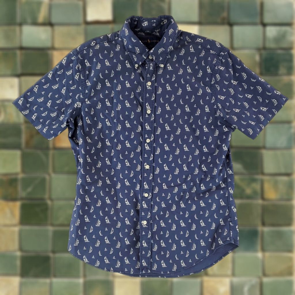 Ralph Lauren Ralph Lauren Shirt Button Down Short Sleeve Blue AOP Sailboats Slim Mens L Size US L / EU 52-54 / 3 - 1 Thumbnail
