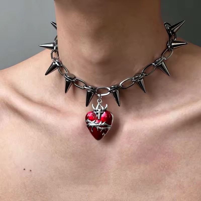 Jewelry Punk Gothic Skull Red Heart Necklace Chain Size ONE SIZE - 1 Thumbnail