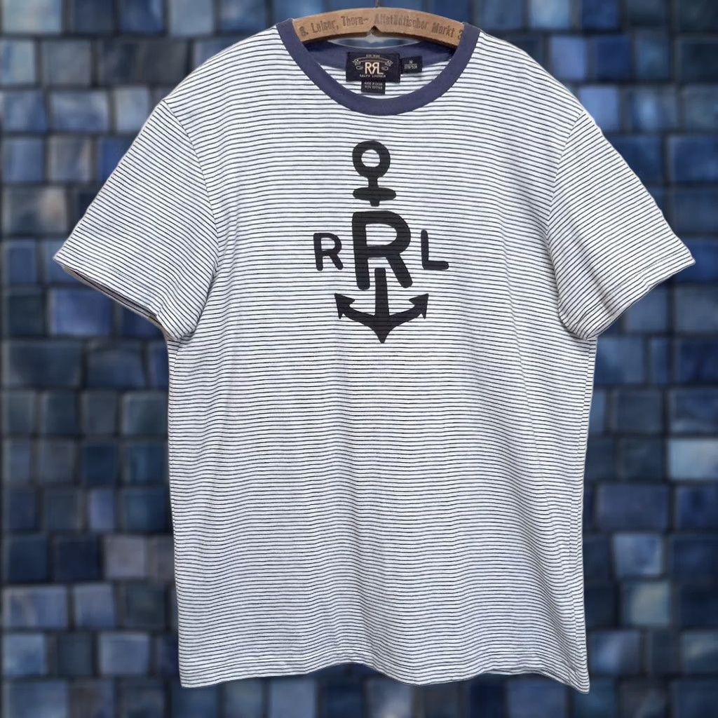 Ralph Lauren RRL Ralph Lauren T-Shirt Mens M Navy White Striped Cotton Anchor Marin Used Size US M / EU 48-50 / 2 - 1 Thumbnail
