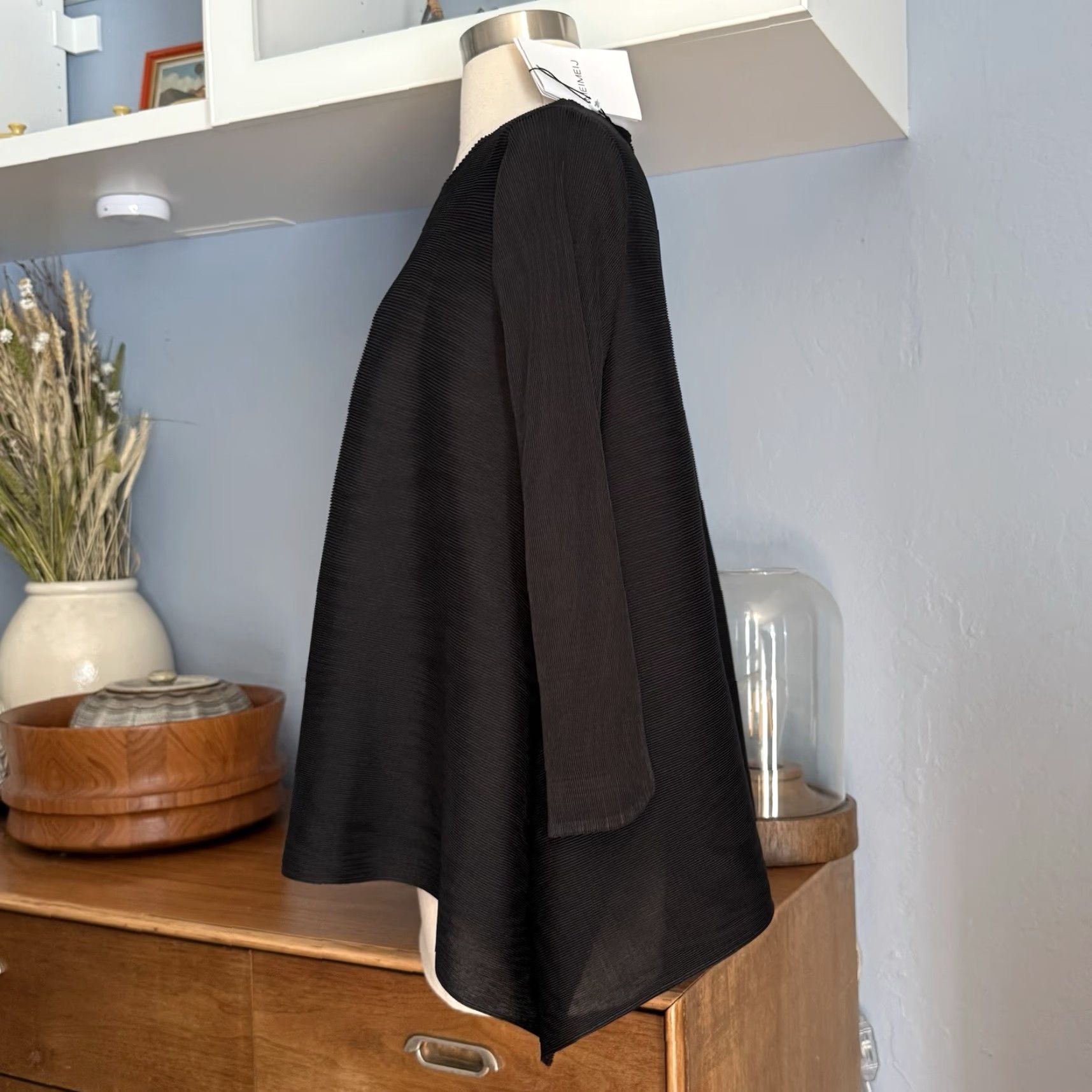 Vintage MEIMEIJ Blouse Top Black Pleated 40/42 Blusa Blusa 3/4 Sleeve Womens Polyester Pleats【อ่านข้อความเต็ม Size S / US 4 / IT 40 - 3 Thumbnail