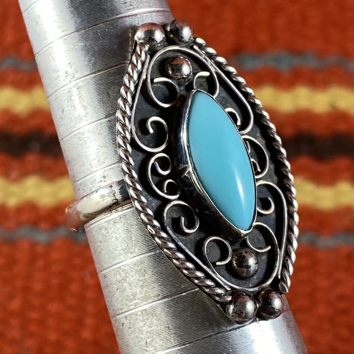 Japanese Brand Vtg 60s 70s Taxco Sterling Silver Turquoise Filigree Ring Size ONE SIZE - 1 Thumbnail