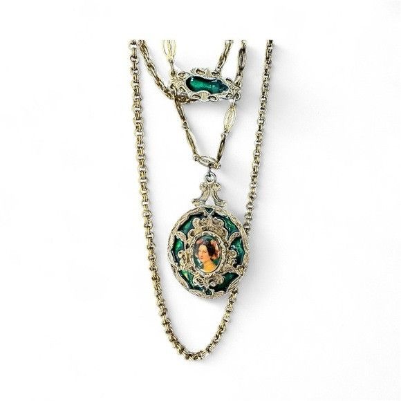 Vintage Layered Gold Tone Green Enamel Cameo Female Portrait