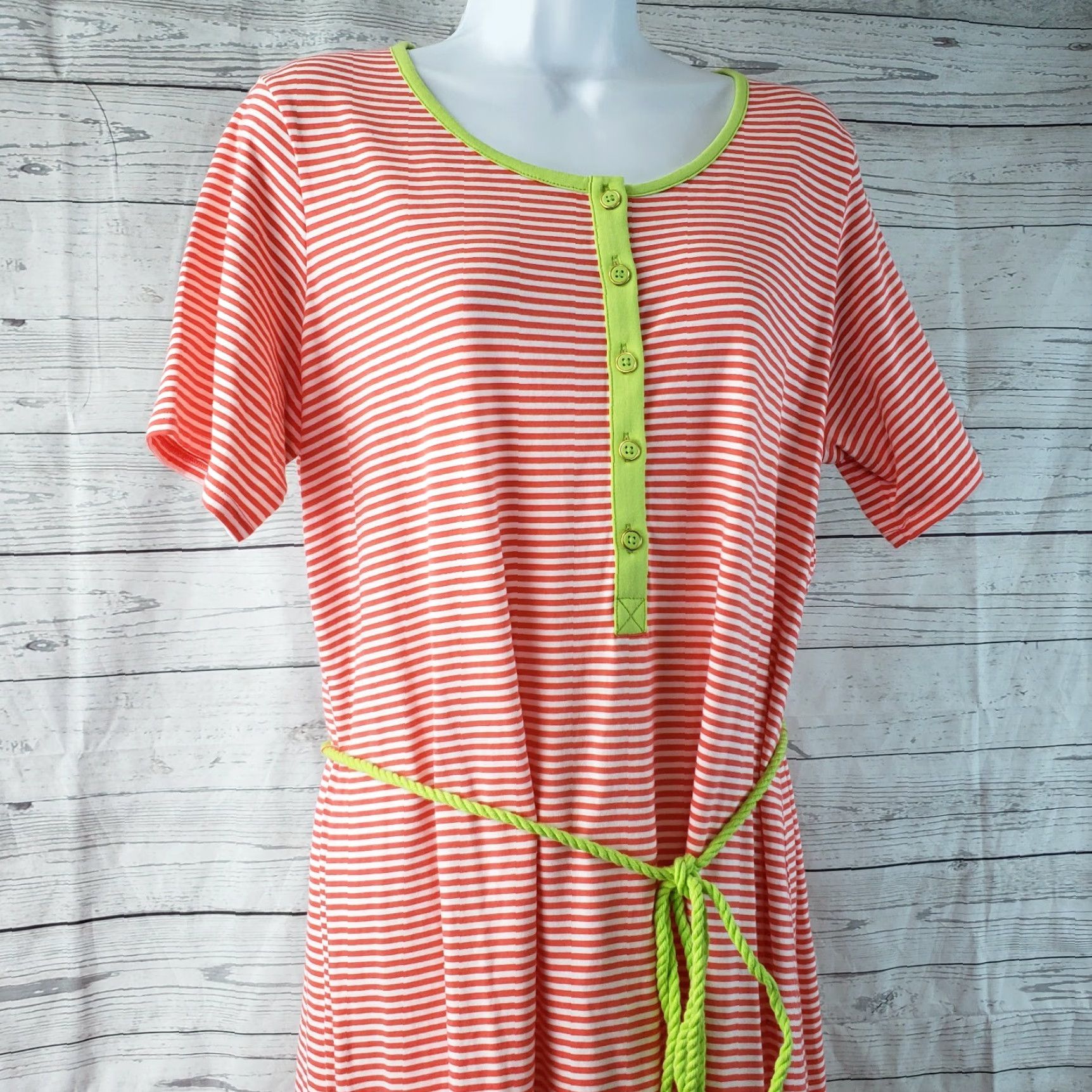 Lands' End VINTAGE Lands End Womens Dress Sz 14W Coral Pink Striped Short Sleeve Cotton Blend Size 36" / US 14 / IT 50 - 2 Thumbnail