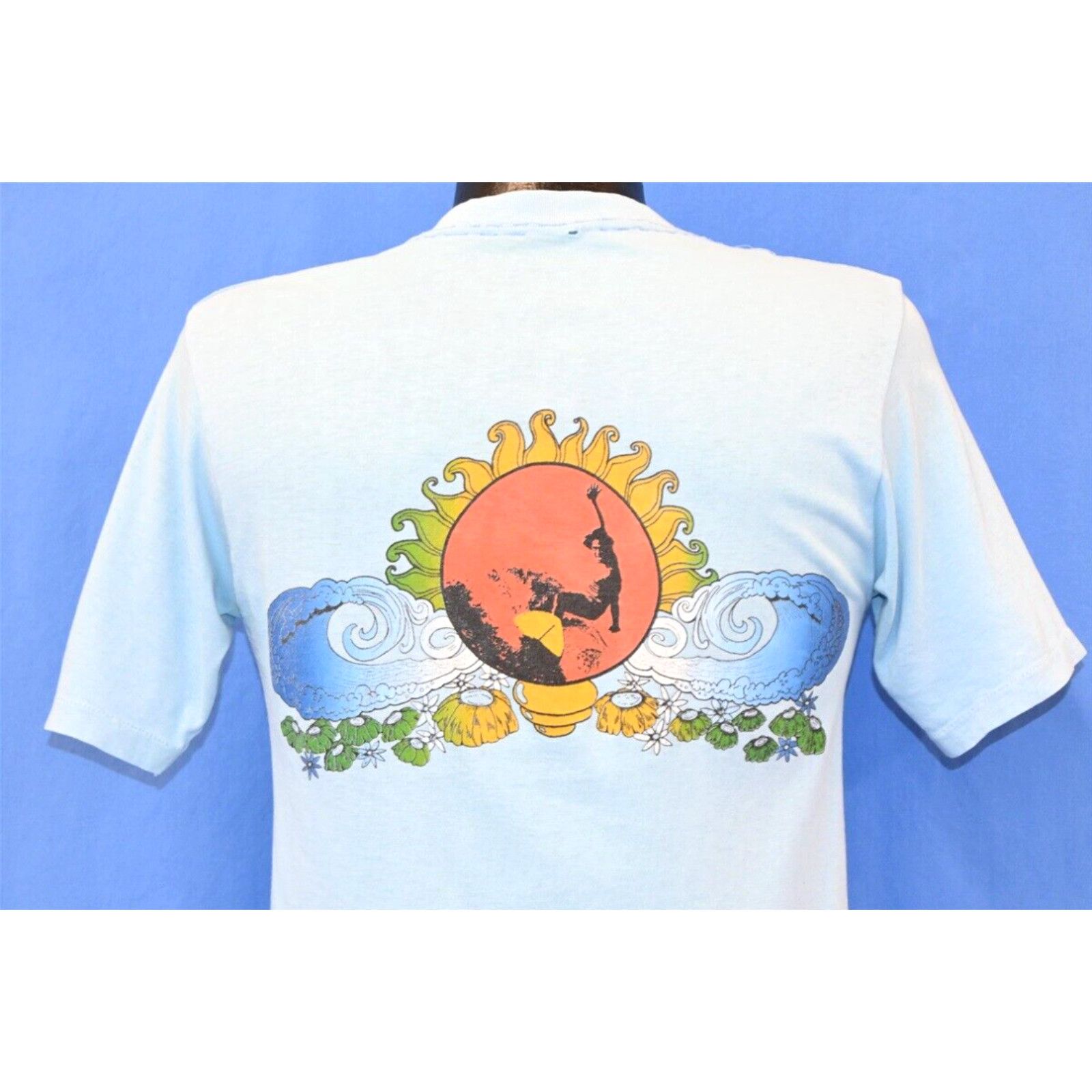 image of Vintage 70's Surfboard Sunset Rip Curl Wave Front Pocket Blue T-Shirt Small S in White, Men's