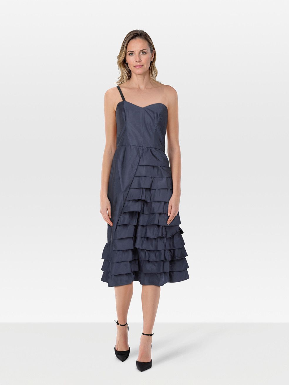 Moschino Navy Silk Ruffle Layered Midi Dress Size S / US 4 / IT 40 - 1 Thumbnail