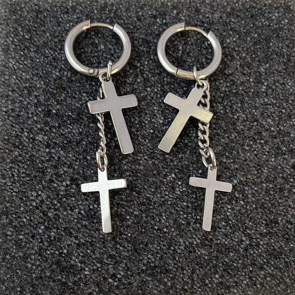 Designer × Jewelry Stainless Steel Cross Dangle Drop Earrings for Men Women Size ONE SIZE - 4 Thumbnail