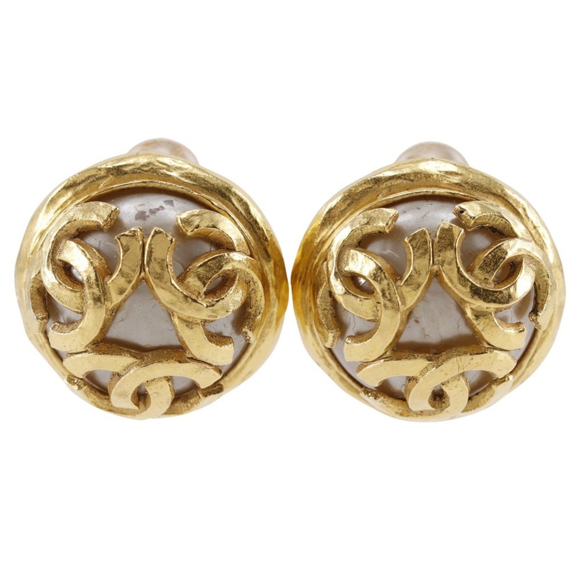 Chanel CHANEL Triple COCO Mark Earrings, Gold Plated x Fake Pearl, 1994, 94A, Approx. 29.4g, Mark, Women's Size ONE SIZE - 1 Thumbnail