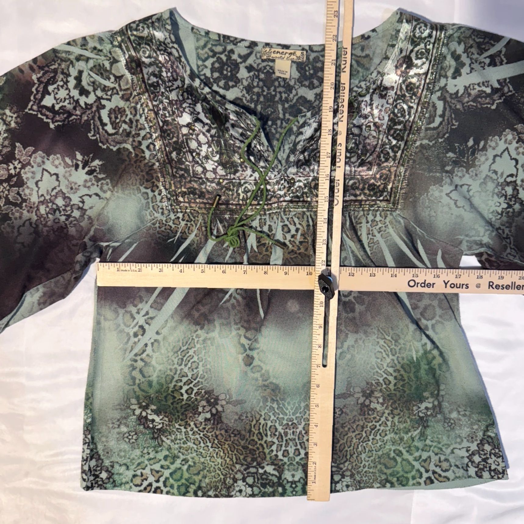 Vintage Energe T-Shirt Bohemian Green Leopard Print Satin Studded Top S Small Womens Casual Short Sleeve Regular Size S / US 4 / IT 40 - 5 Thumbnail