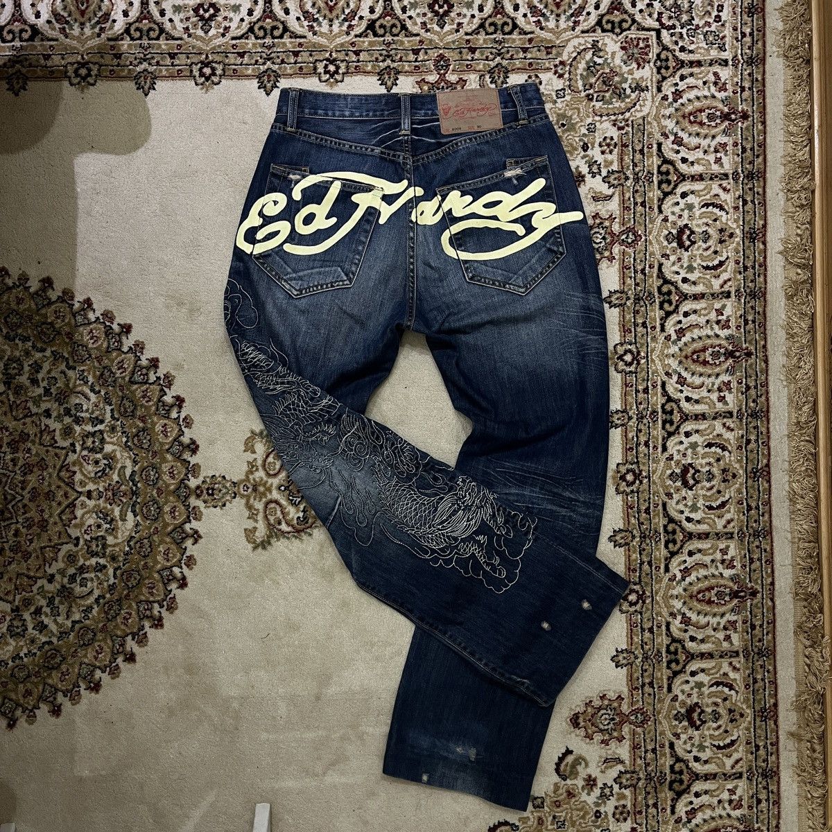 Image of Avant Garde x Christian Audigier Vintage 30X34 Ed Hardy Big Logo Embroidered Dragon Jeans in Denim