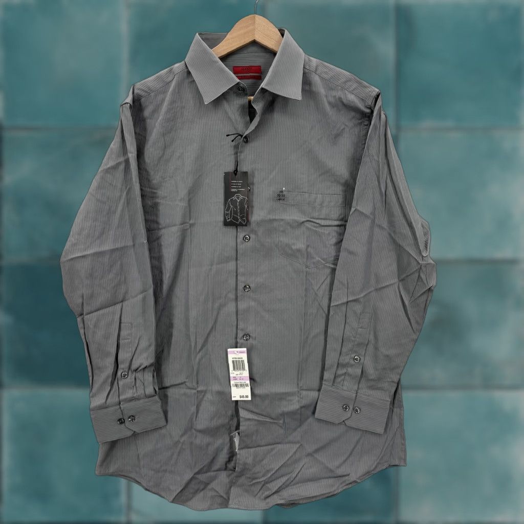 Alfani Alfani Dress Shirt Mens Large 16 32/33 Gray Stripe Fitted Easy Care Cotton NWT Shirt Size 42R - 1 Thumbnail