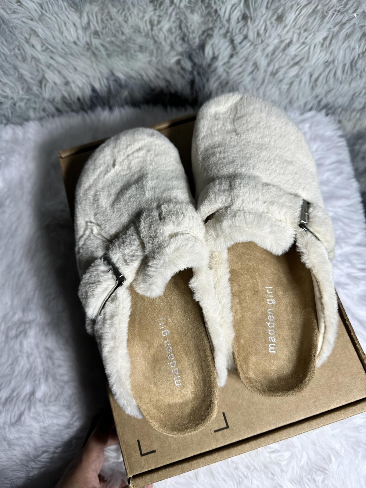Other Madden Girl Cream Fuzzy Slip-On Buckle Mules Size US 9.5 / IT 39.5 - 2 Thumbnail