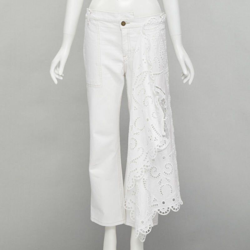 MONSE MONSE white denim cotton embroidery anglais draped trim straight leg jeans US2 S Size 27" / US 4 / IT 40 - 1 Thumbnail