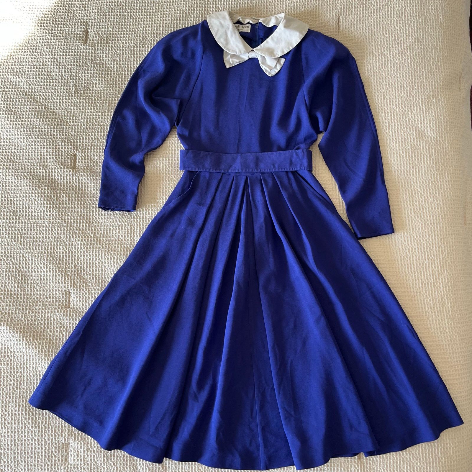 Albert Nipon 80s Designer Albert Nipon Blue Midi Dress w/ White Collar Size S / US 4 / IT 40 - 1 Thumbnail