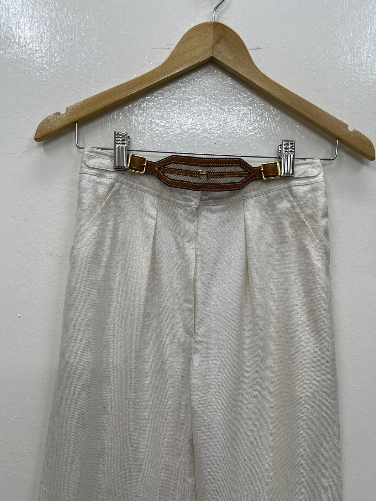 image of Vintage Hermes Pleated Pants Logo H Togo Leather Belt in White, Women's (Size 26)