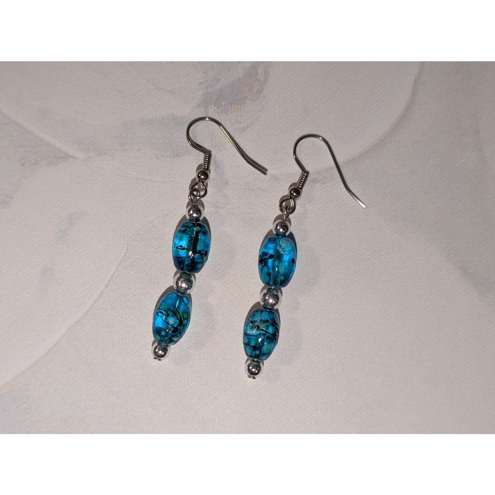 Vintage Vintage 1980 Silver-Tone & Teal Marbled Bead Dangle Earrings Size ONE SIZE - 2 Thumbnail