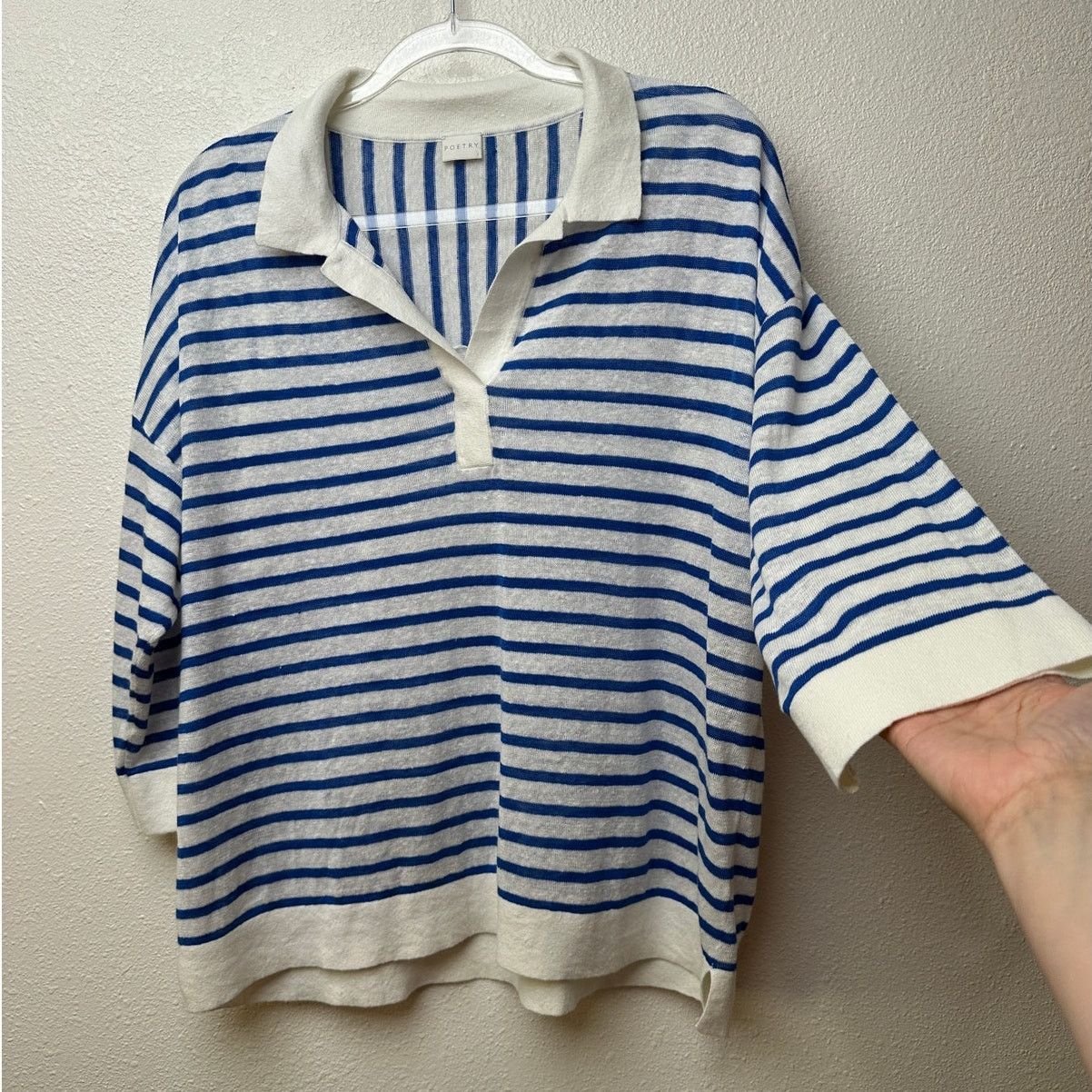 Other Poetry Ivory Blue Stripe Collared V-Neck Boxy Sweater US 12 Size XL / US 12-14 / IT 48-50 - 2 Thumbnail