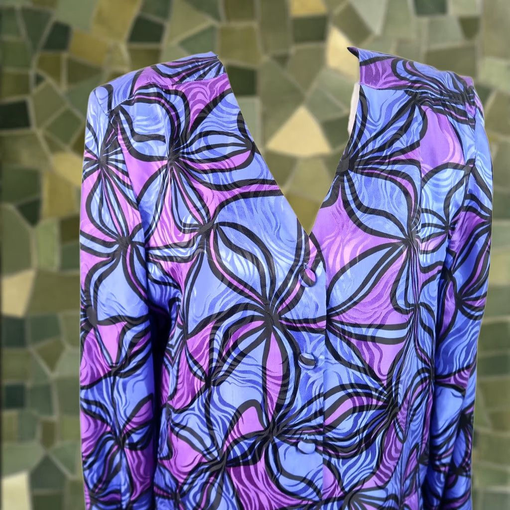 Adrianna Papell VINTAGE Adrianna Papell Silk Midi Dress 80s Blue Purple Floral Swirl Print 10 Womens Size L / US 10 / IT 46 - 1 Thumbnail