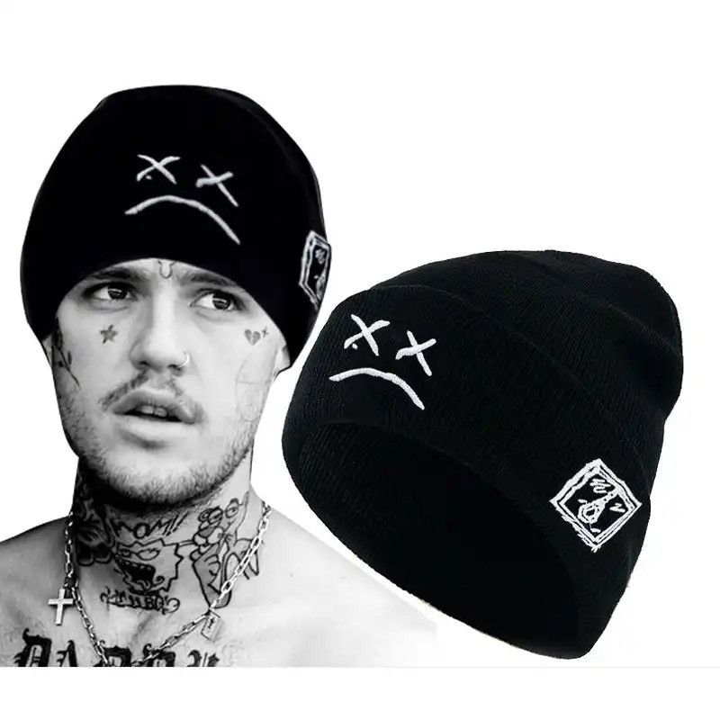 Vintage Winter LilPeep embroidered knitted hat sad face expression Size ONE SIZE - 1 Thumbnail