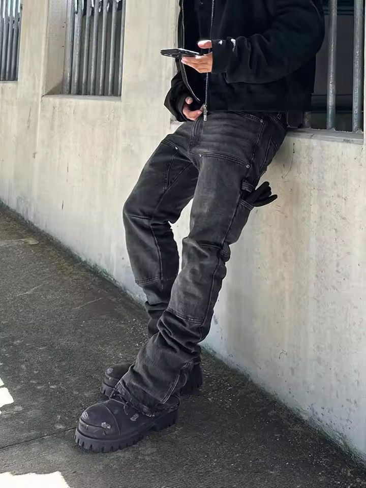 Japanese Brand Faded Black Stacked Carpenter Denim - Flare / Zip Hem Size US 34 / EU 50 - 4 Thumbnail
