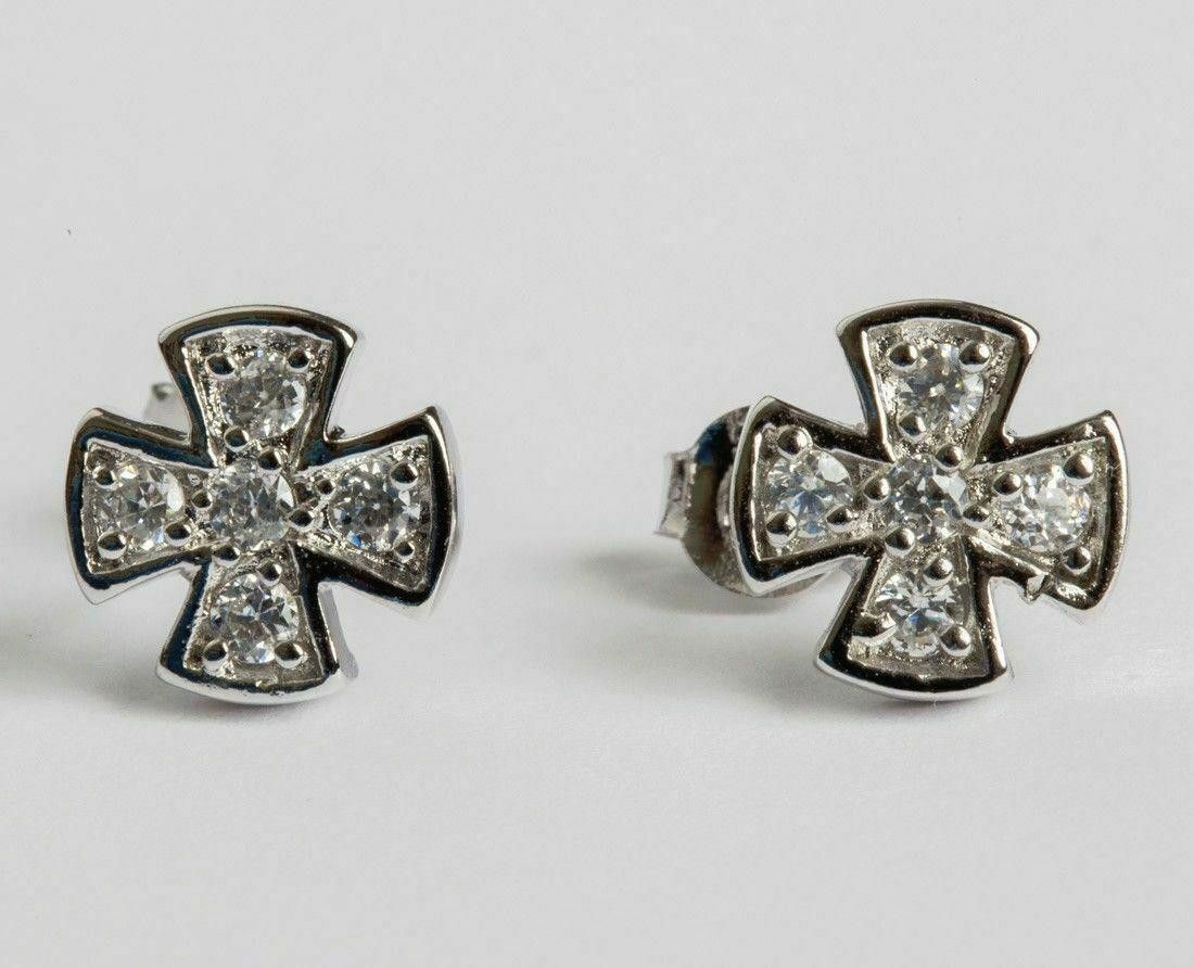 Sterling Silver Sterling Silver Pave Maltese Cross Cubic Zirconia Earrings Size ONE SIZE - 1 Thumbnail