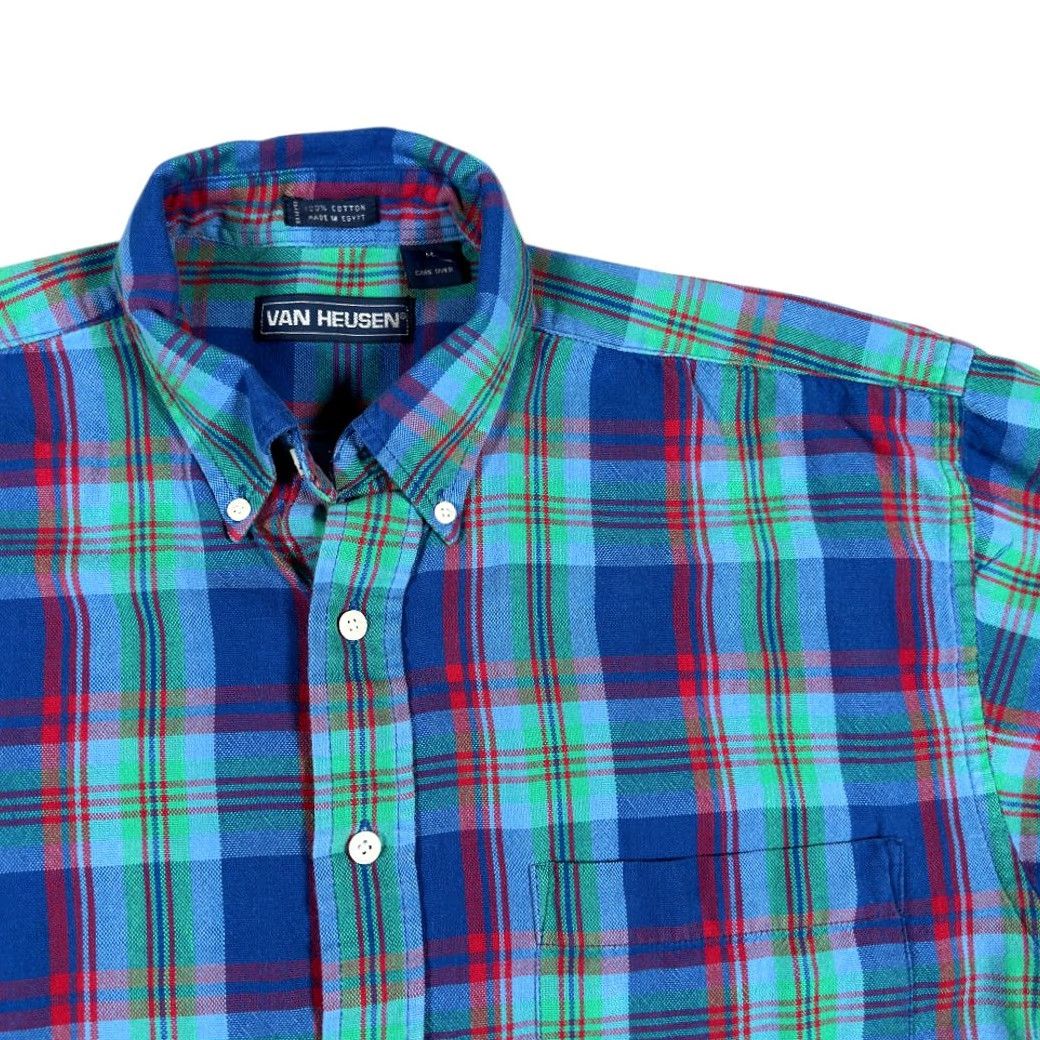 Van Heusen VINTAGE Van Heusen Shirt Adult MEDIUM Blue Plaid Madras Short Sleeve Button-Down Collar 90s Mens Size US M / EU 48-50 / 2 - 2 Thumbnail