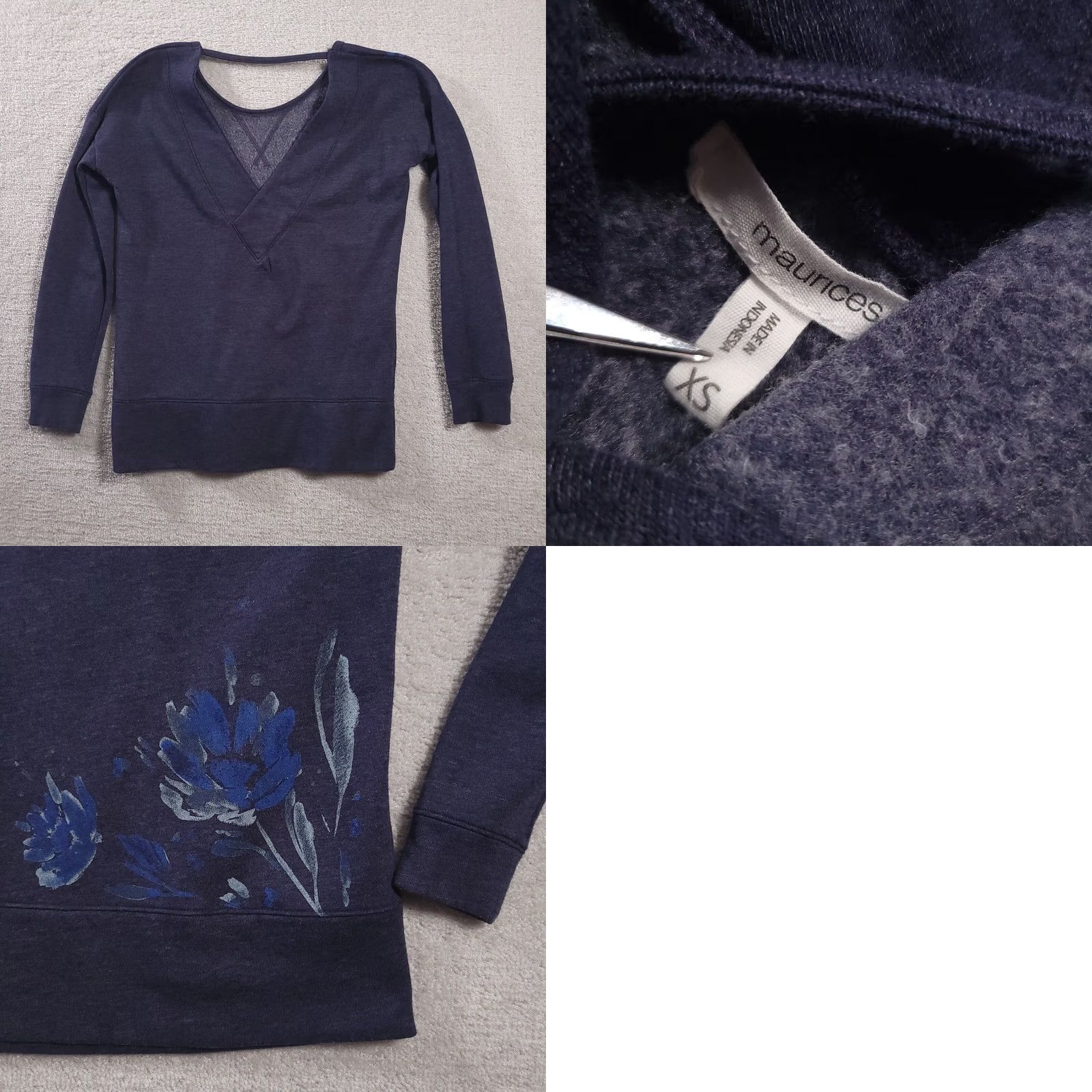 Vintage Maurices Sweater Women's XS Blue Floral Long Sleeve Open V Back Shirt Size XS / US 0-2 / IT 36-38 - 8 Thumbnail