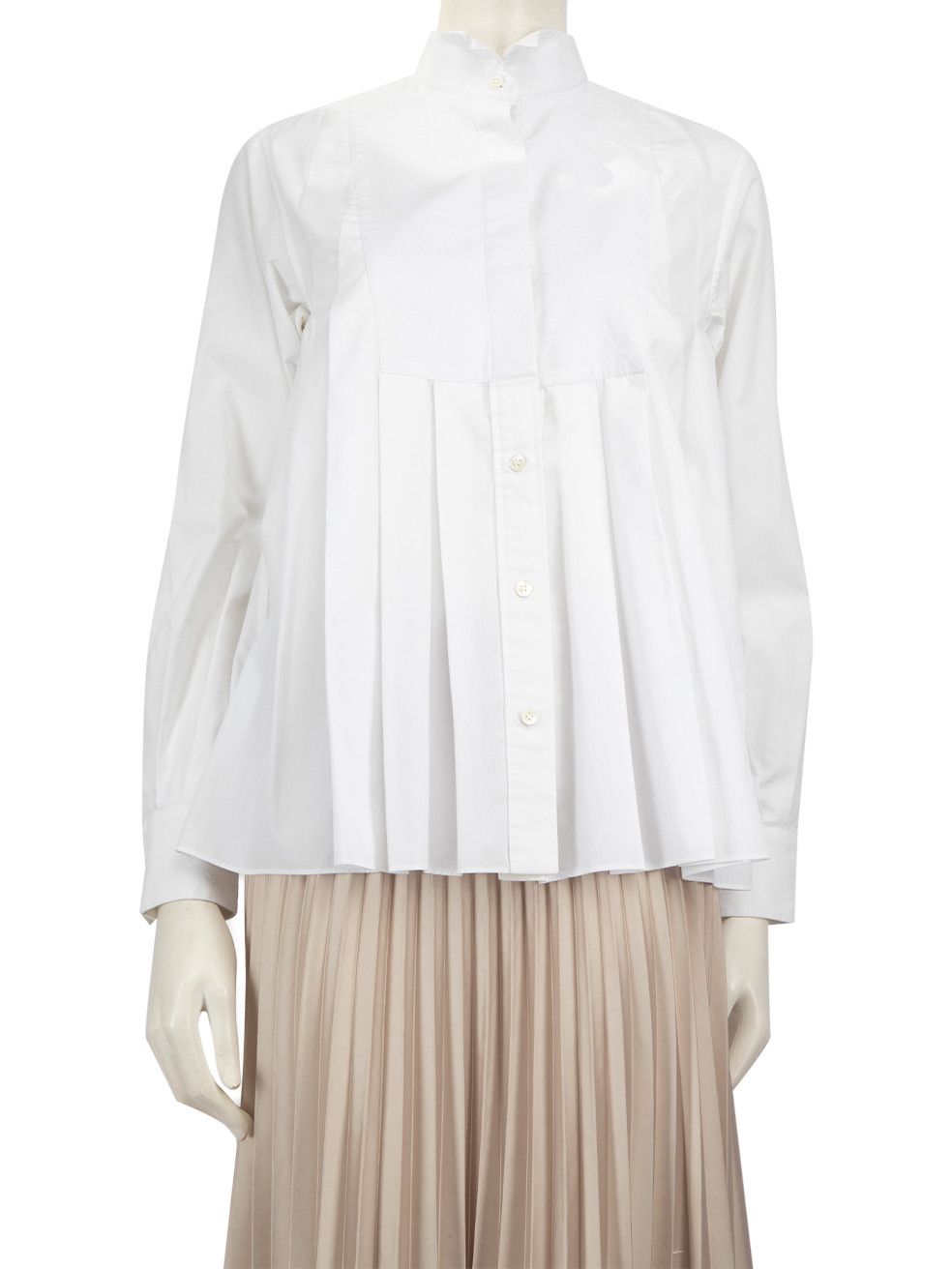 image of Sacai White Pleated Long Sleeve Shirt, Women's (Size XL)