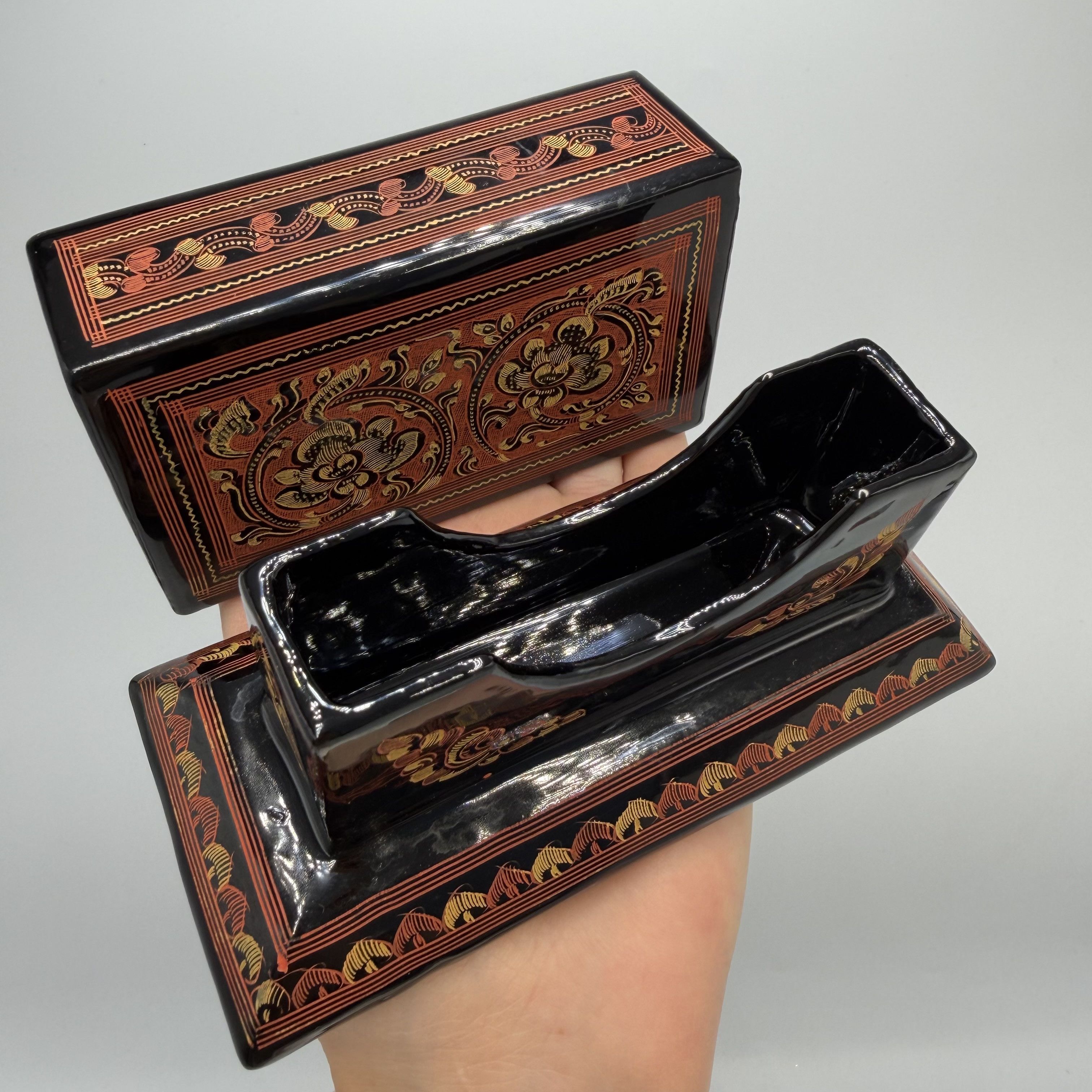 Vintage Vintage Lacquer Desk Organizer Box Black Hand Painted Size ONE SIZE - 7 Thumbnail
