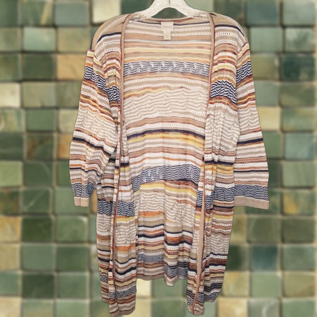 Vintage CHICOS Cardigan Shirt Women 3/4 Sleeve Beige Striped Size 2 Adult Womens Size XS / US 0-2 / IT 36-38 - 1 Thumbnail