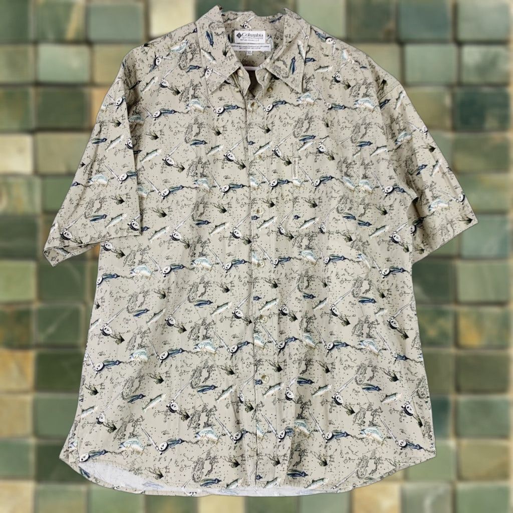 Vintage VINTAGE Columbia All Over Fish Pole AOP Camp Short Sleeve Button Front Shirt XL Mens Brown 1990s Cotton Size US XL / EU 56 / 4 - 1 Thumbnail