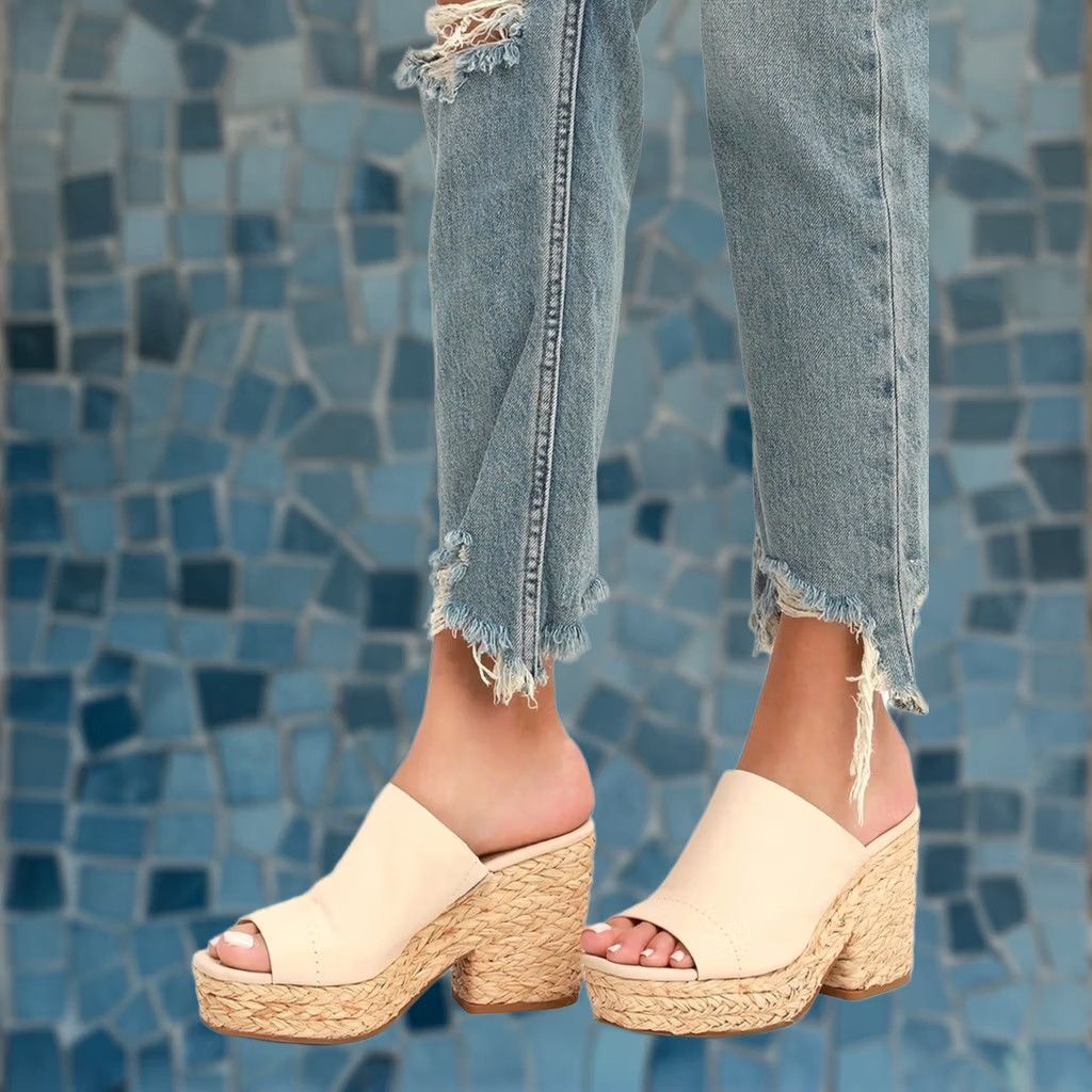 Splendid Splendid Theodore Cream Leather Raffia Peep-Toe Mules Women's Size US 9 M New Size US 9 / IT 39 - 1 Thumbnail