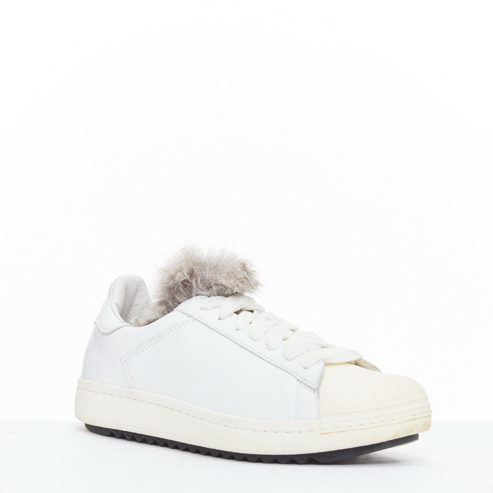 MONCLER Angeline brown fur trim white leather chunky sneakers EU37